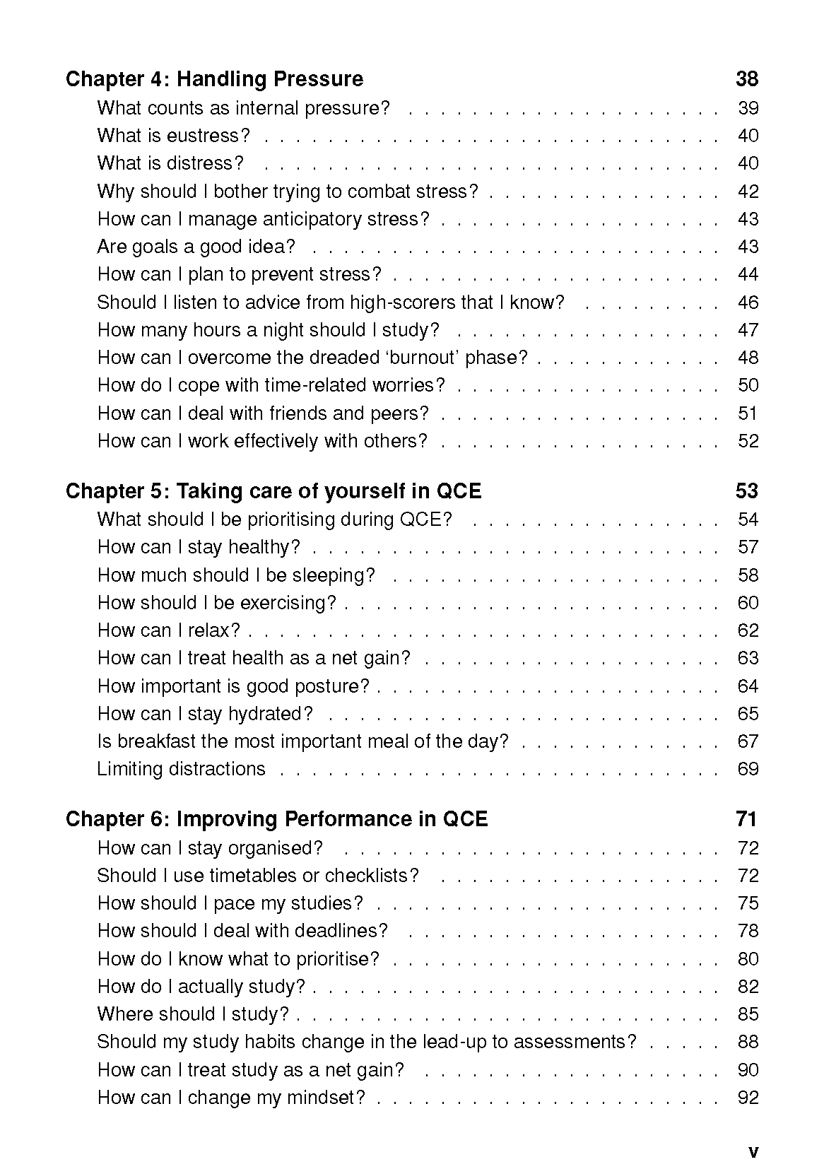 Study guide by ATAR Notes, showing the table of contents with chapters on handling pressure, self-care, and performance improvement.