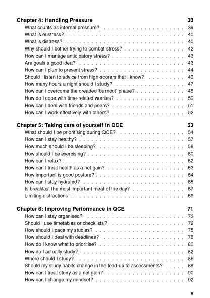 Study guide by ATAR Notes, showing the table of contents with chapters on handling pressure, self-care, and performance improvement.