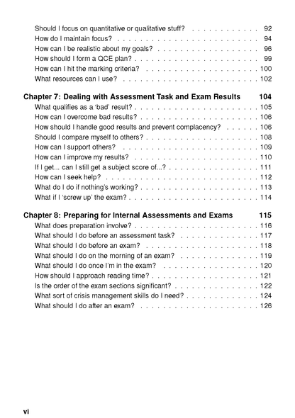 Table of contents page from the QCE Survival Guide by ATAR Notes, listing exam prep chapters and page numbers.