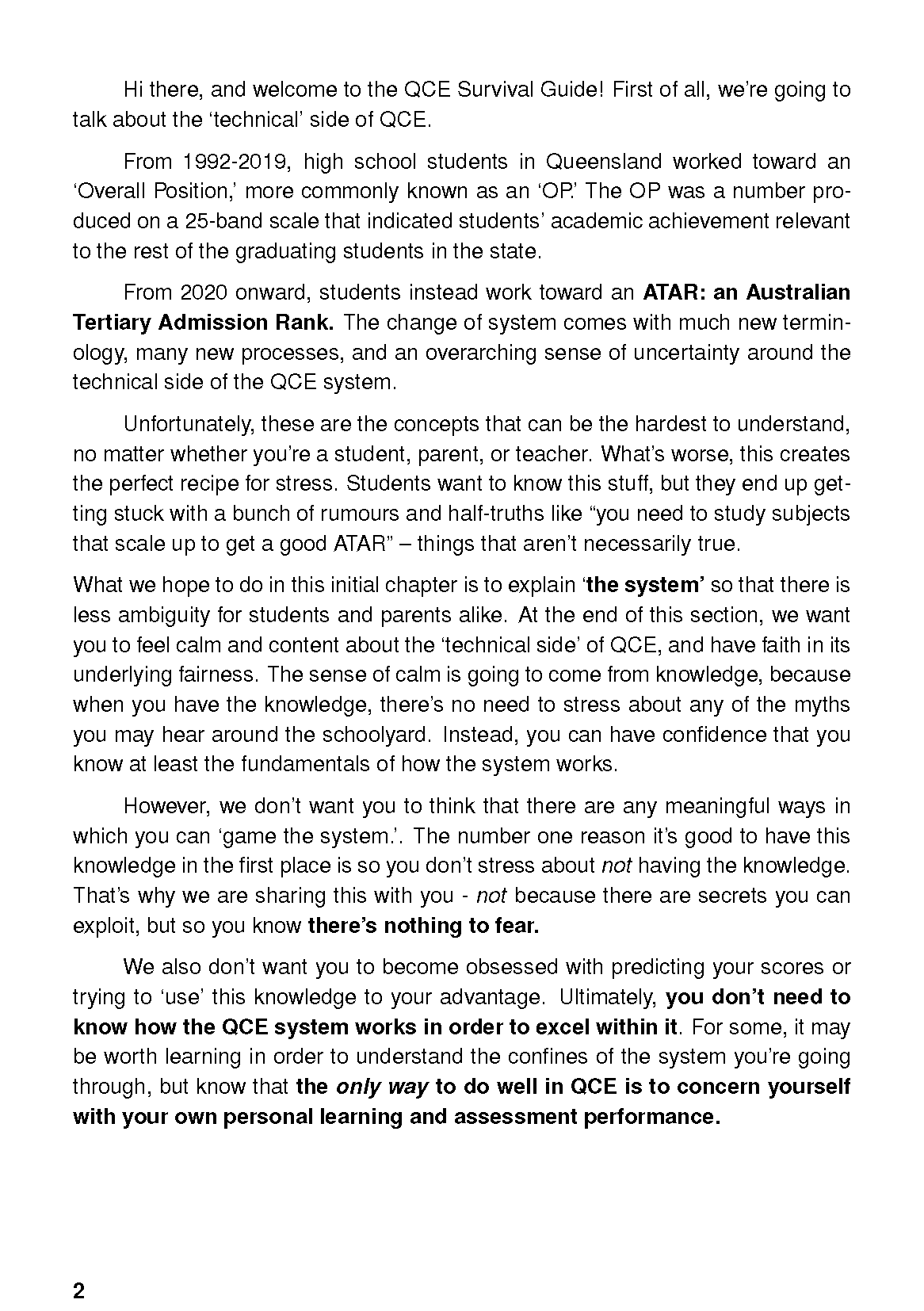White page from an ATAR Notes QCE Survival Guide, displaying black text on the QCE system and ATAR, with page number 2.