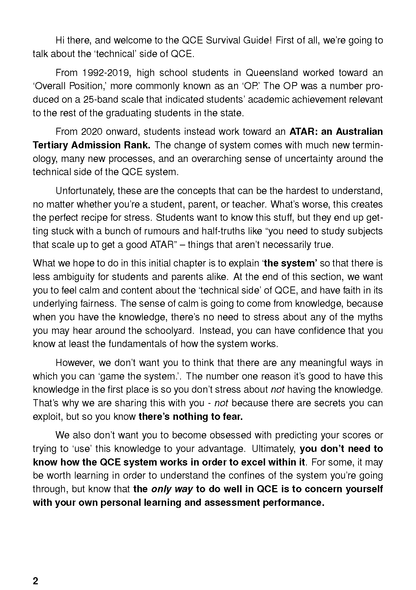 White page from an ATAR Notes QCE Survival Guide, displaying black text on the QCE system and ATAR, with page number 2.