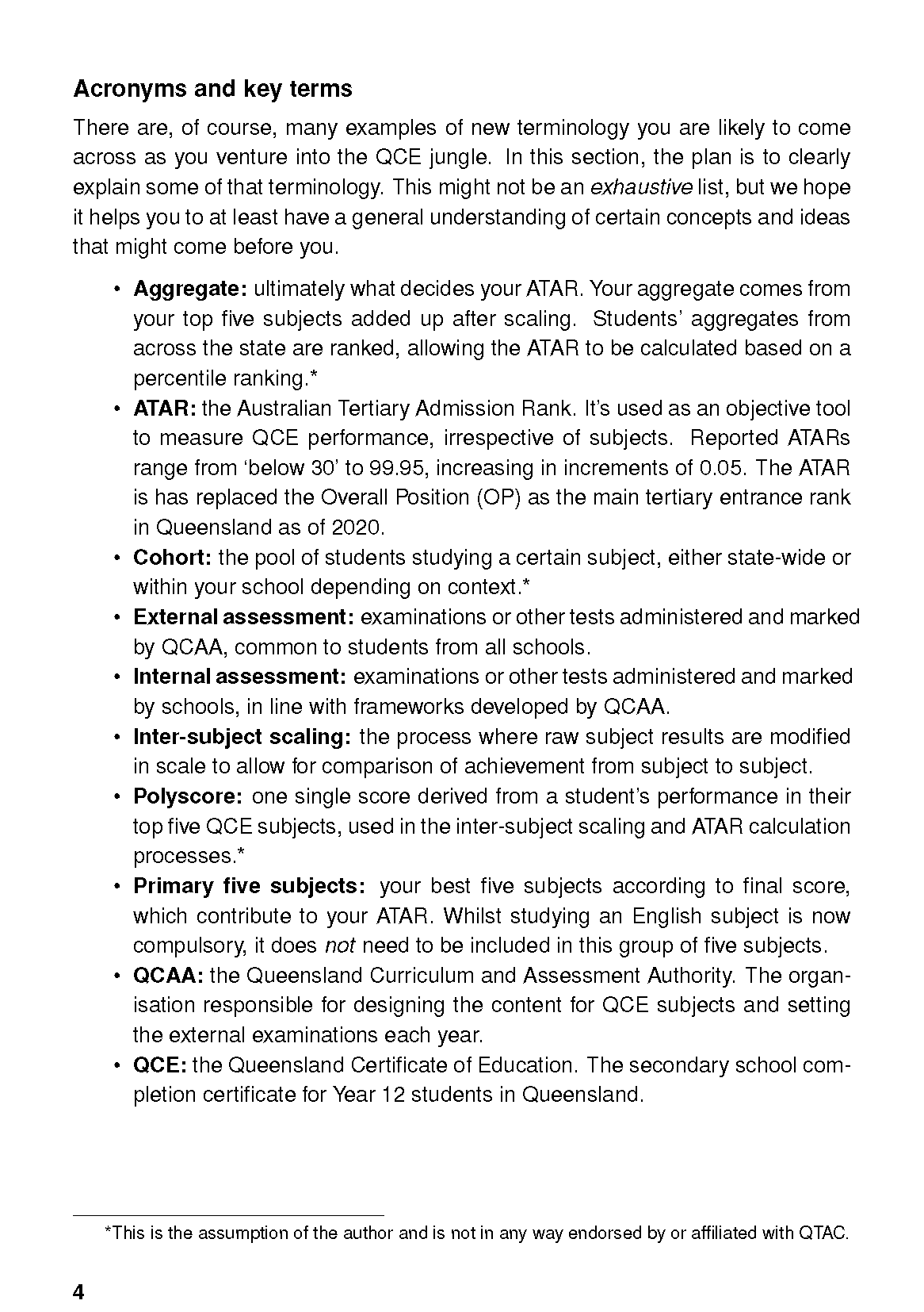 White page from a study planner by ATAR Notes, displaying black text definitions for QCE acronyms and key terms.
