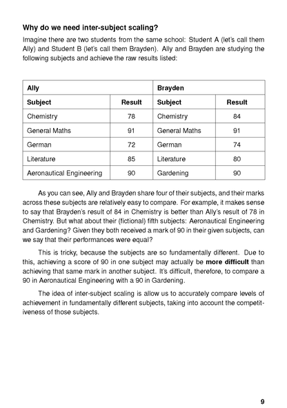 Study guide by ATAR Notes, displaying text about inter-subject scaling and student results in a table.