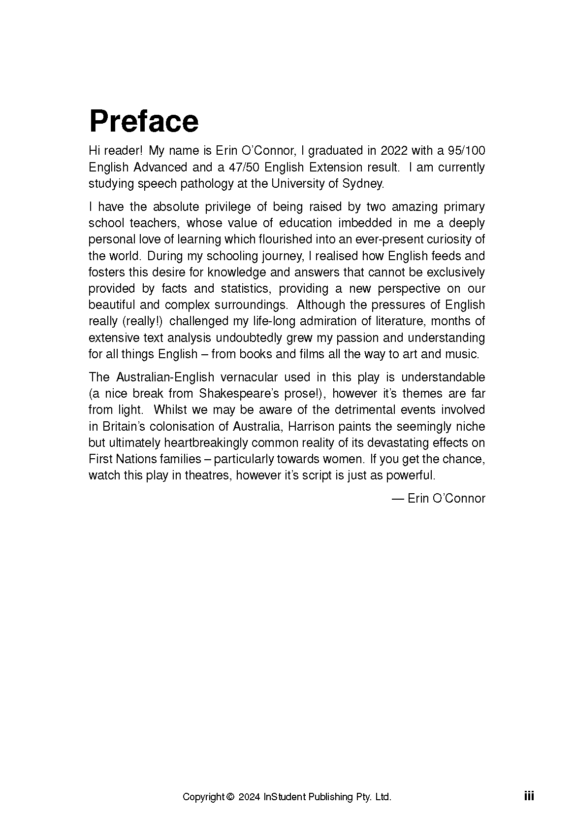 Text Guide for Rainbow's End by Jane Harrison, a white page displaying the bold 'Preface' title and black body text.