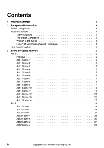 Text guide's table of contents page, detailing sections like Nutshell Summary and Scene-by-Scene Analysis with corresponding page numbers.