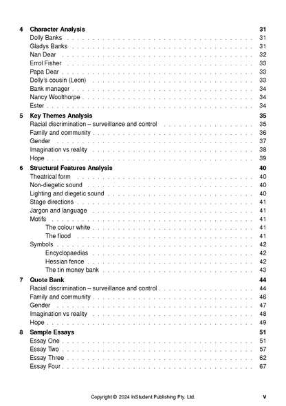 Text Guide displaying a cropped page from its table of contents, showing sections like Character Analysis, Key Themes, and Sample Essays with page numbers.