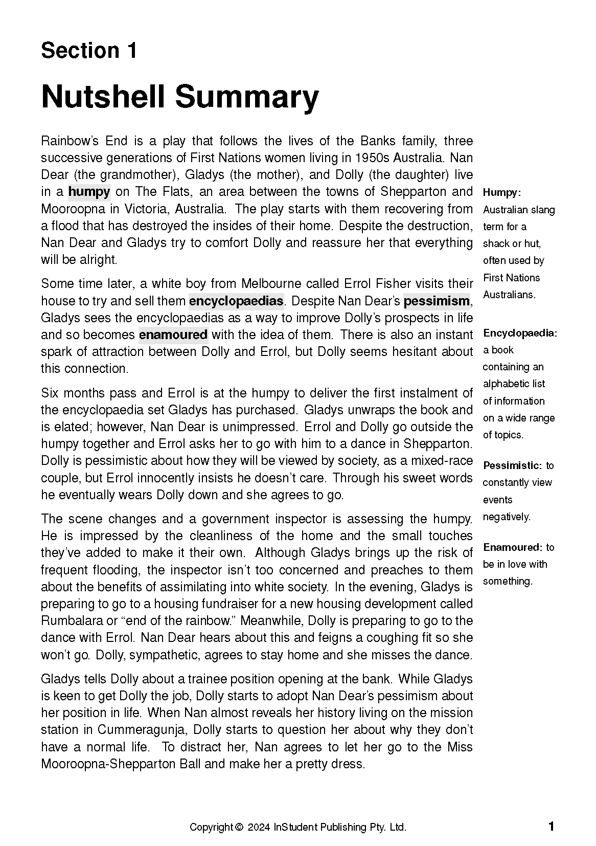 Text guide for 'Rainbow's End by Jane Harrison' with bold section headings, main text, and a sidebar of definitions.