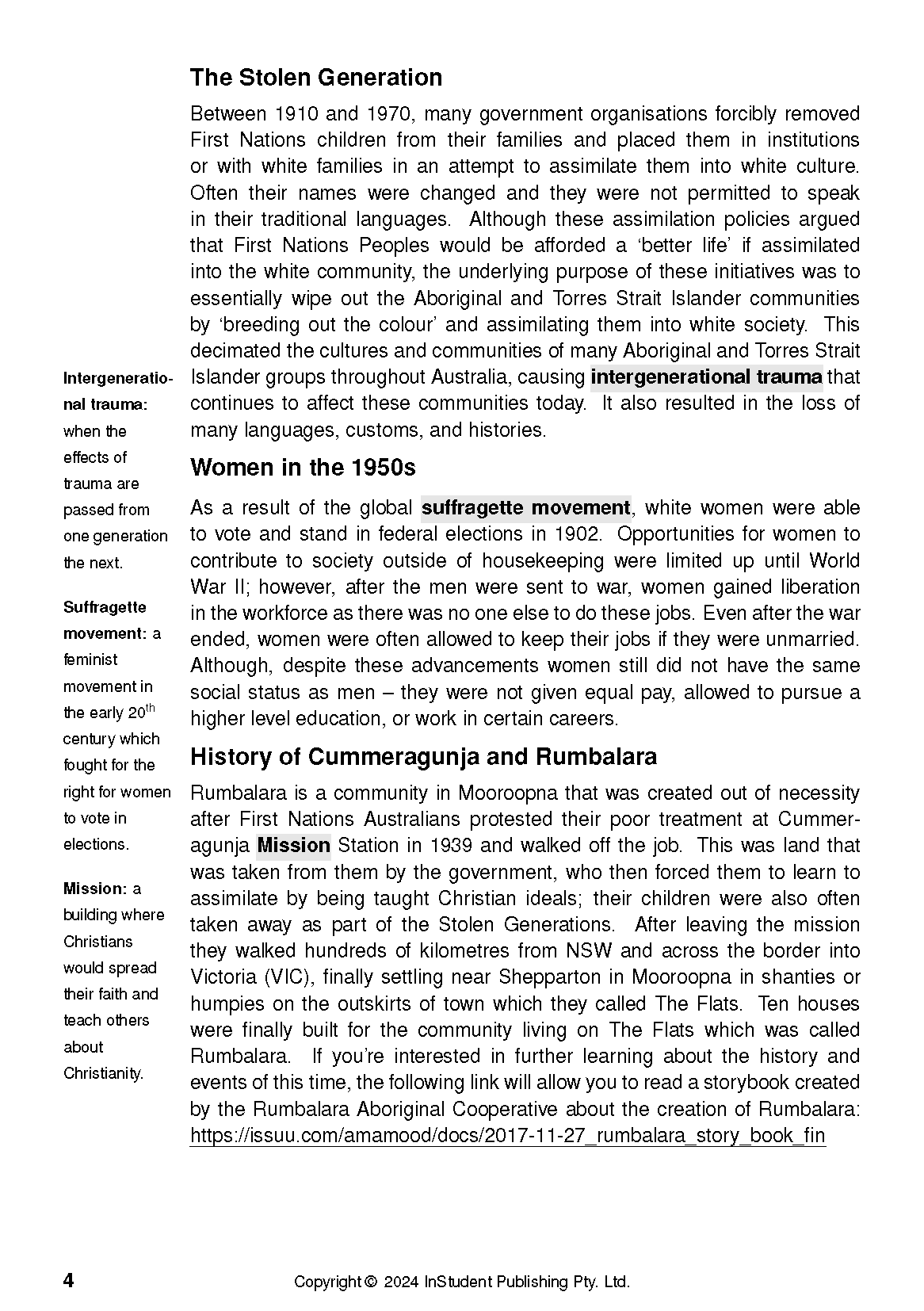 Text Guide page displaying a two-column layout with sections on The Stolen Generation and Women in the 1950s.