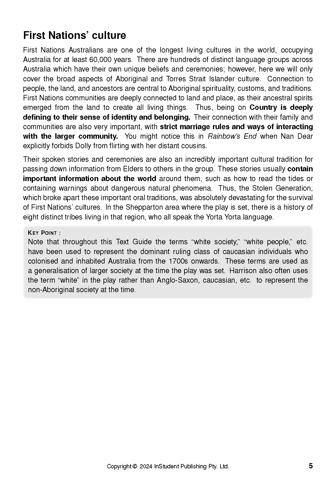 Text Guide about Rainbow's End by Jane Harrison, featuring a page with text about First Nations' culture and a 'Key Point' box.