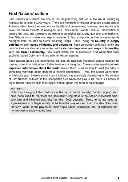 Text Guide about Rainbow's End by Jane Harrison, featuring a page with text about First Nations' culture and a 'Key Point' box.