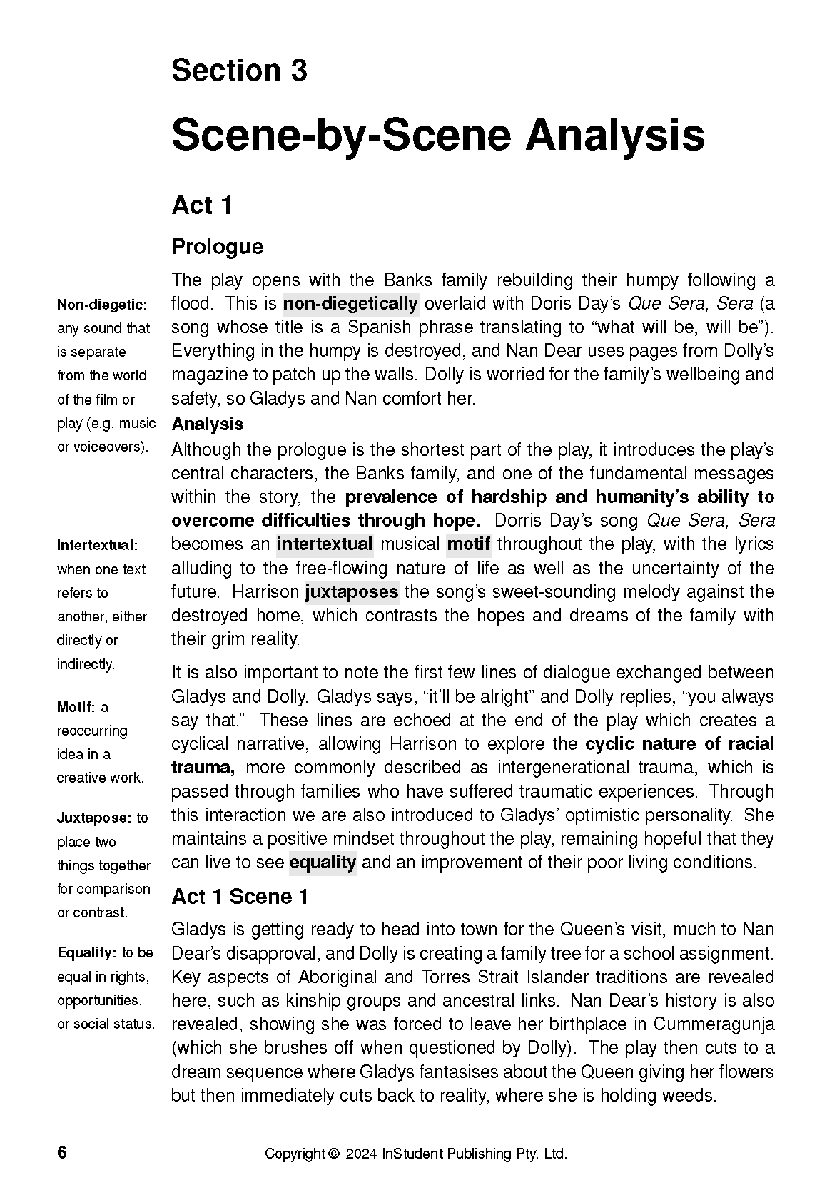 Text guide by InStudent Publishing, a white page with black text on Scene-by-Scene Analysis and definitions.