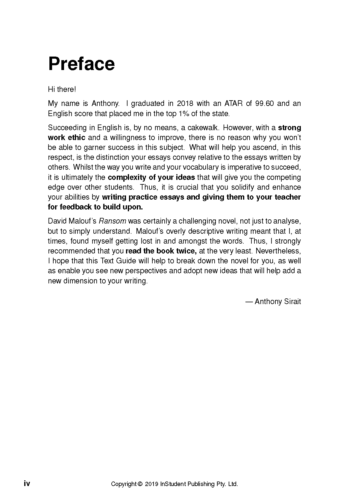 Text Guide page with black text, bolded words, a 'Preface' title, and copyright information at the bottom.