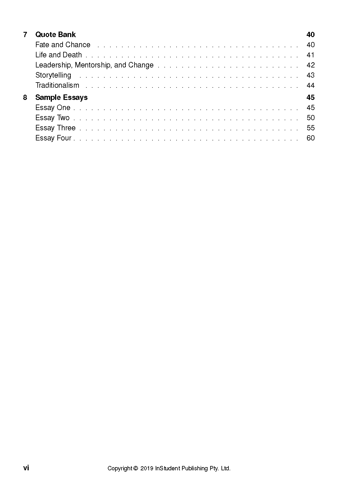 Text Guide showing a table of contents page with sections like Quote Bank and Sample Essays listed with page numbers.