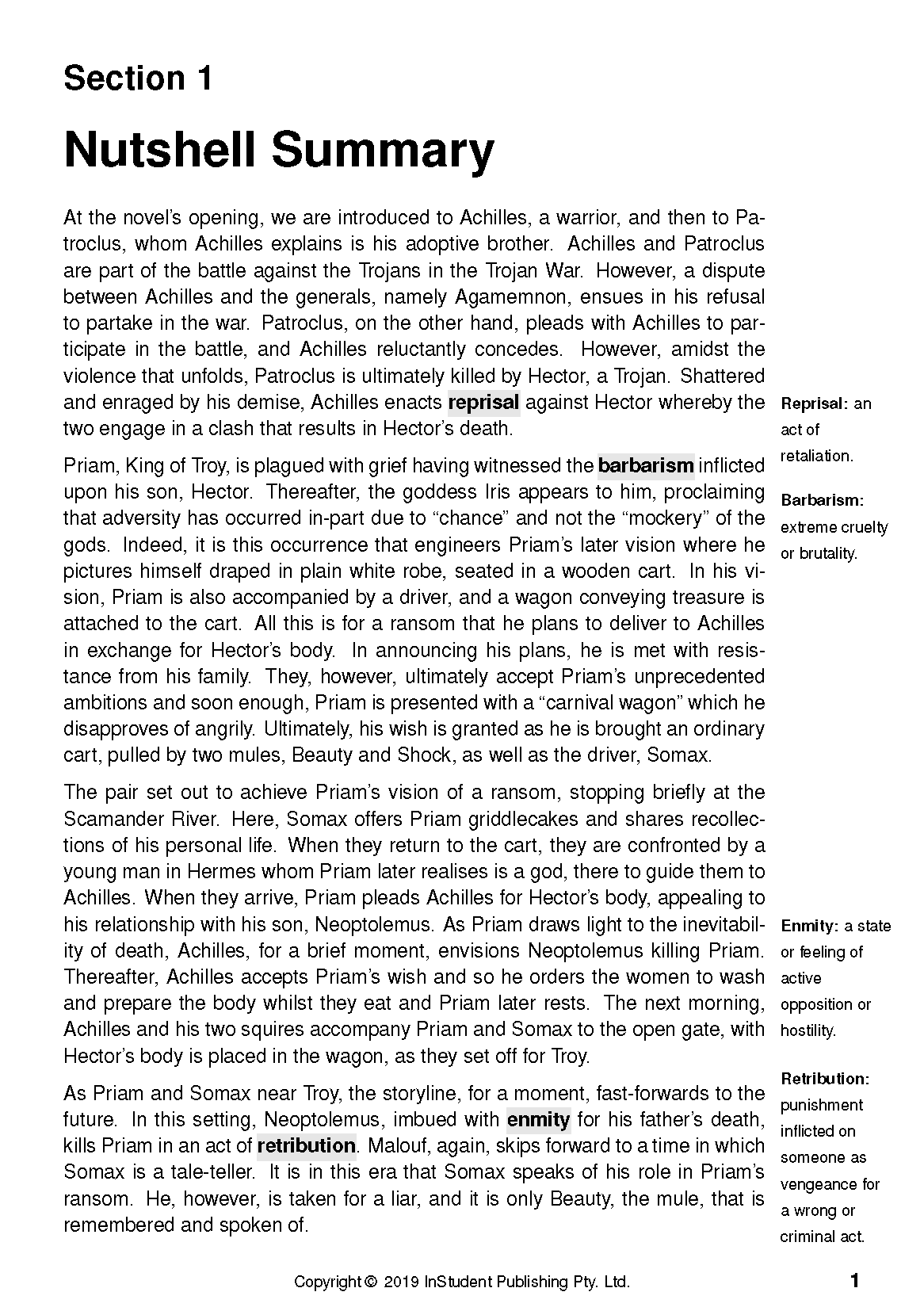 Text Guide for Ransom by David Malouf showing a nutshell summary and key term definitions on a white page.