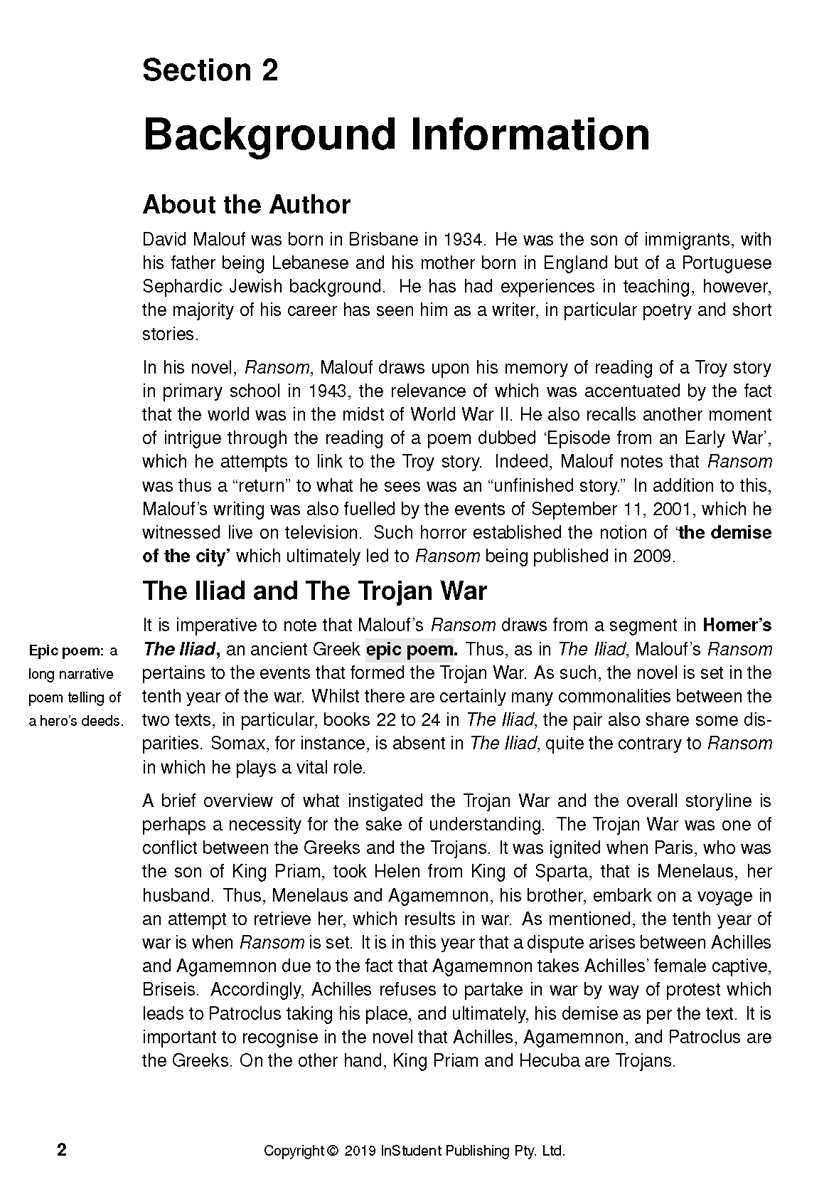 Text Guide page with black text on white paper, detailing 'Ransom by David Malouf' with background on the author and 'The Iliad and The Trojan War'.