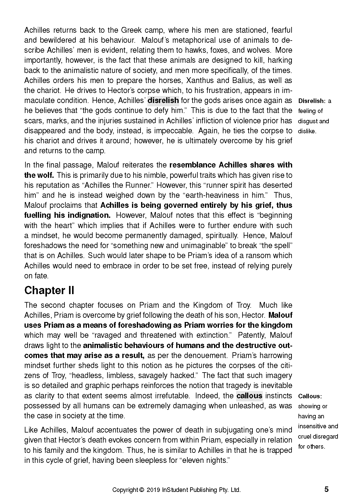 Text guide page for Ransom by David Malouf, with black text on white, definitions in sideboxes, and page number 5.