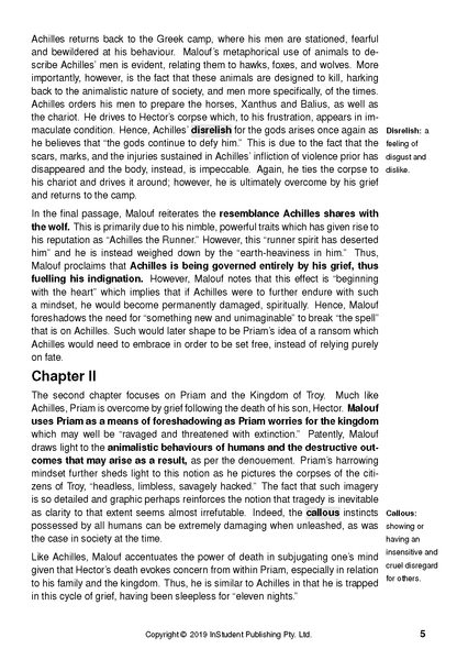 Text guide page for Ransom by David Malouf, with black text on white, definitions in sideboxes, and page number 5.