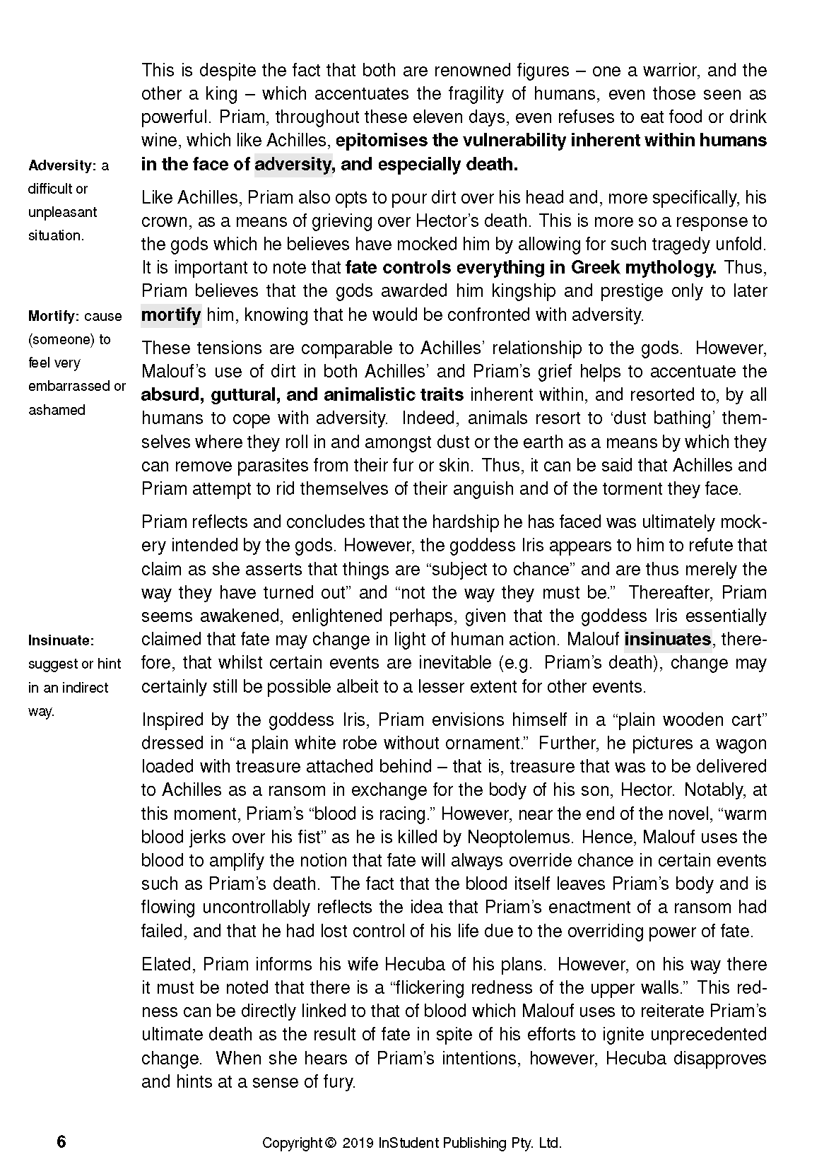 Text guide page about David Malouf's Ransom, showing definitions for Adversity, Mortify, and Insinuate, with page number 6.