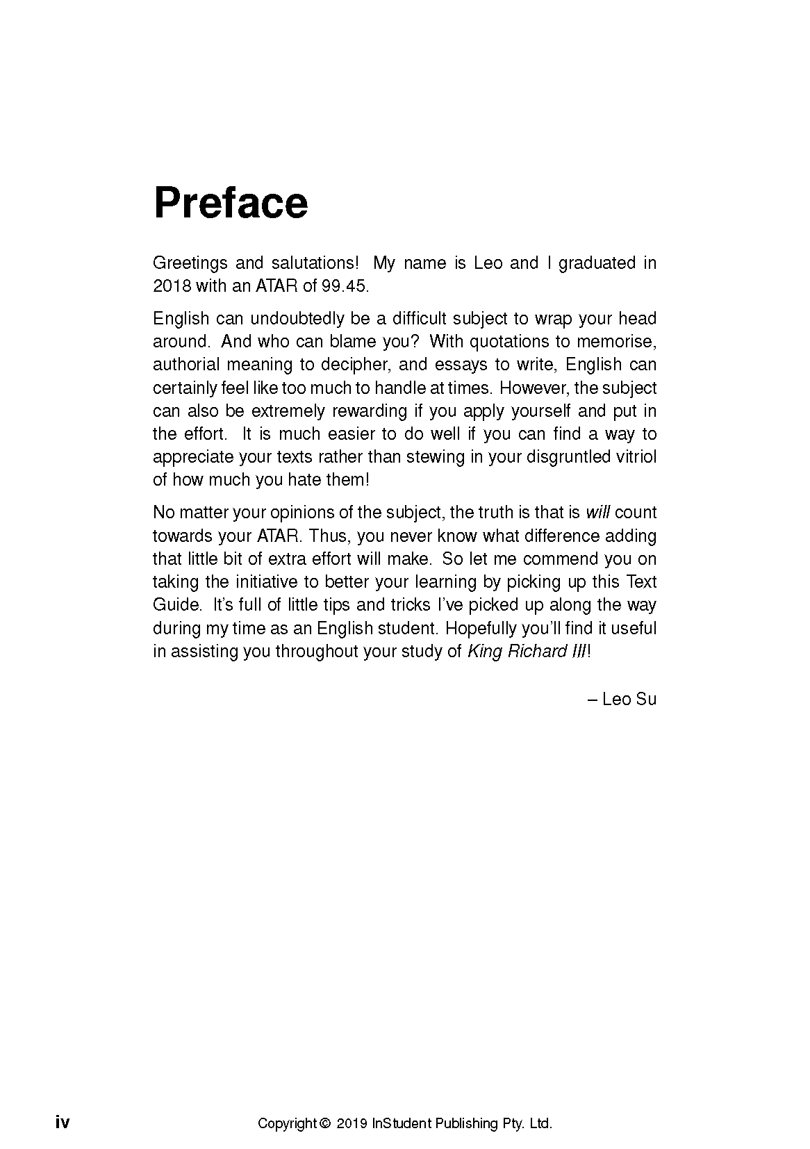 Preface page of the Text Guide for Richard III by InStudent Publishing, featuring black text on a white background and page number iv.