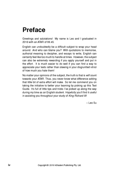 Preface page of the Text Guide for Richard III by InStudent Publishing, featuring black text on a white background and page number iv.