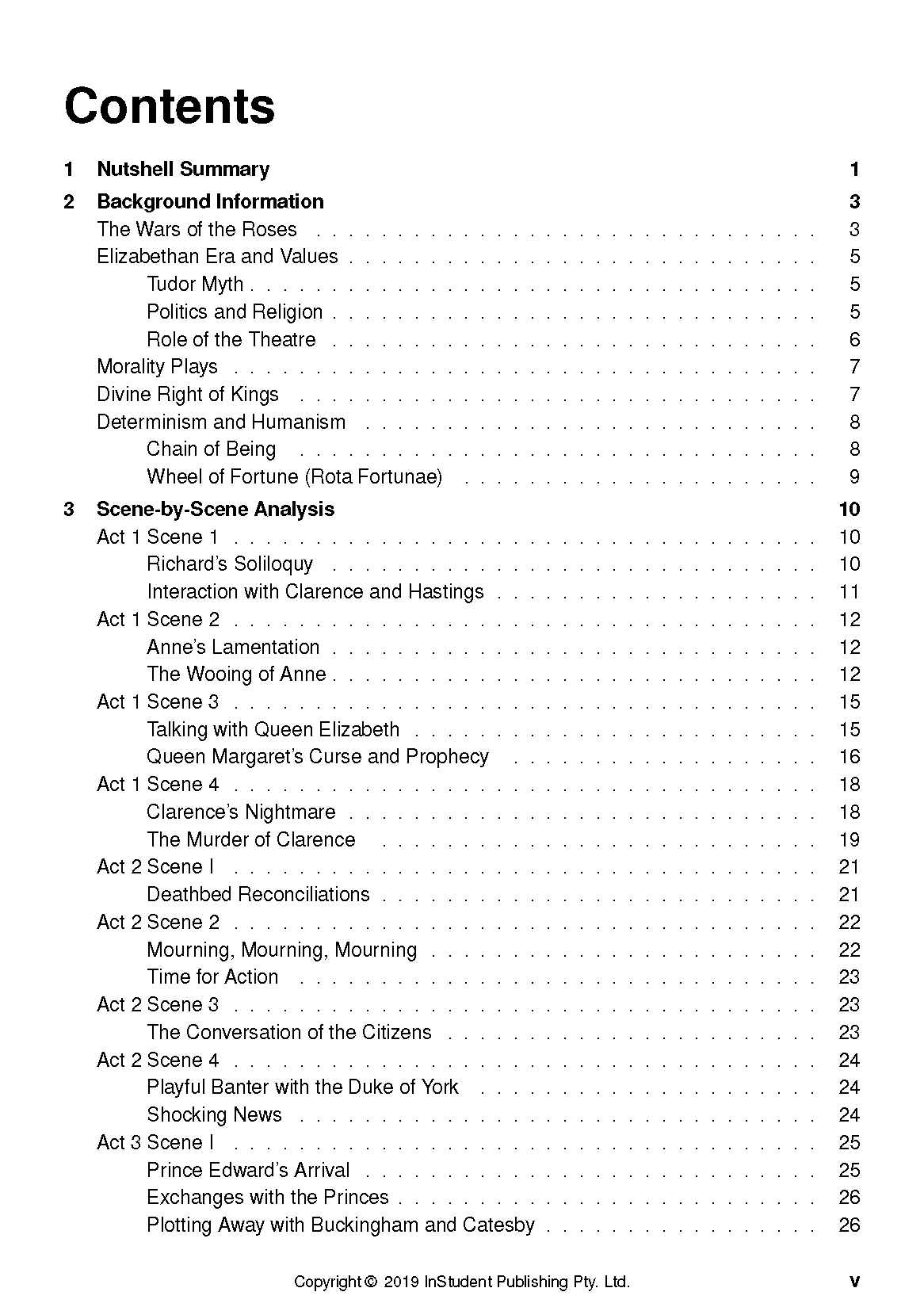 Contents page from a Richard III by William Shakespeare text guide, displaying numbered sections and page numbers.