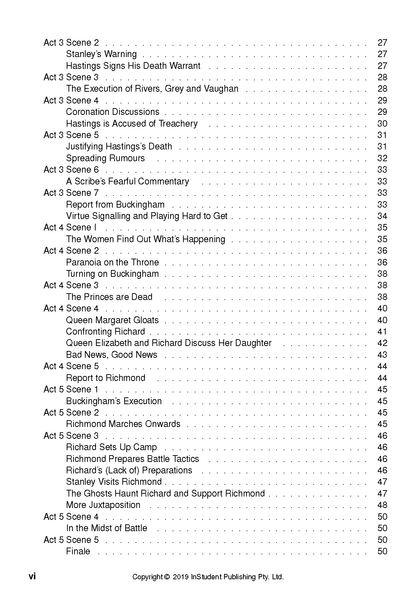Text Guide for Richard III by William Shakespeare, showing a table of contents with acts, scenes, page numbers, and copyright details.