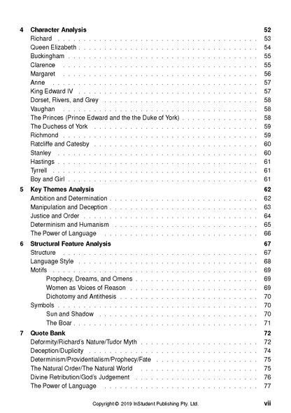 Text Guide showing a cropped table of contents page with black text and page numbers, listing sections for character and theme analysis.