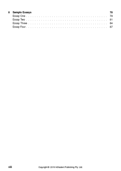 Table of contents page from a text guide by InStudent Publishing Pty. Ltd. listing sample essays and page numbers.