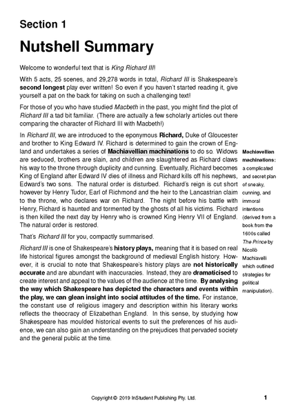 Cropped page from a text guide with black text on white, featuring a "Nutshell Summary" about Richard III and sidebar definitions.