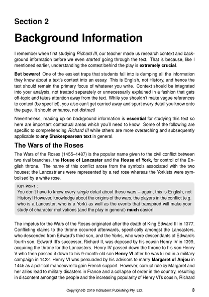 Text Guide: Richard III by William Shakespeare, a white page with black text detailing 'Background Information' and 'The Wars of the Roses'.
