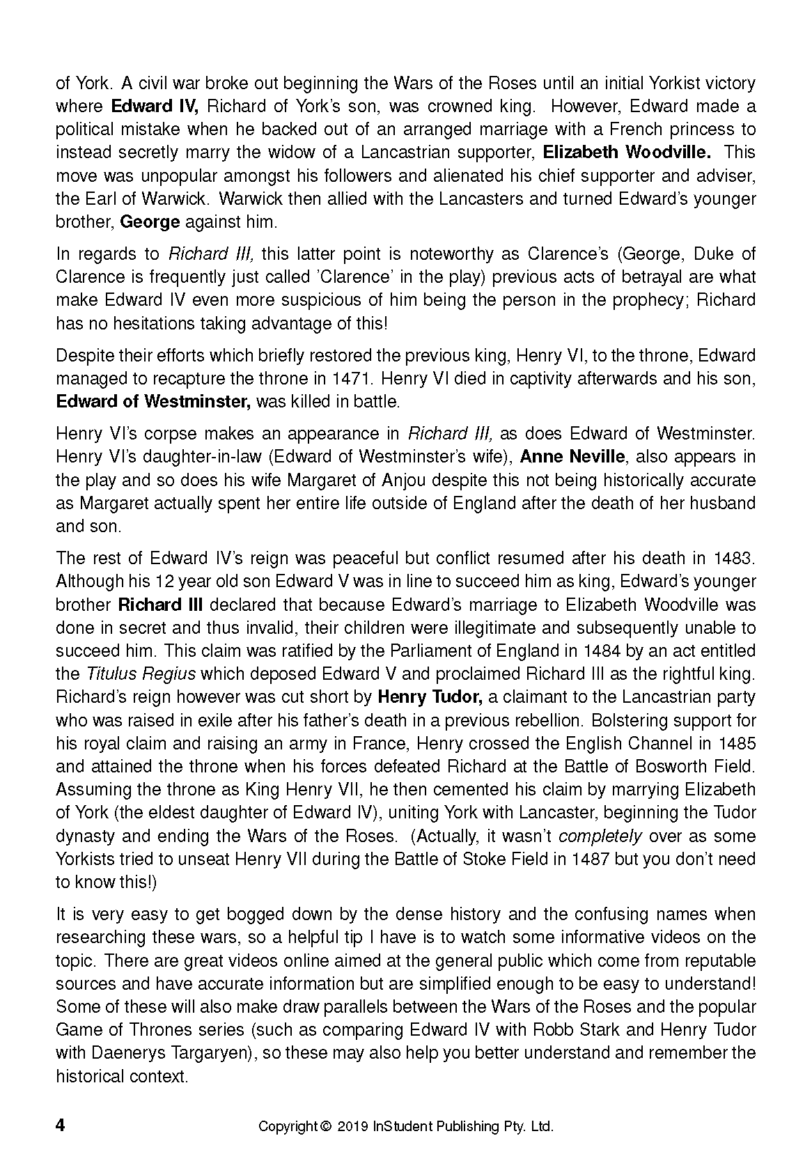 Page from a Text Guide by InStudent Publishing Pty. Ltd. with text discussing Richard III by William Shakespeare and historical context.