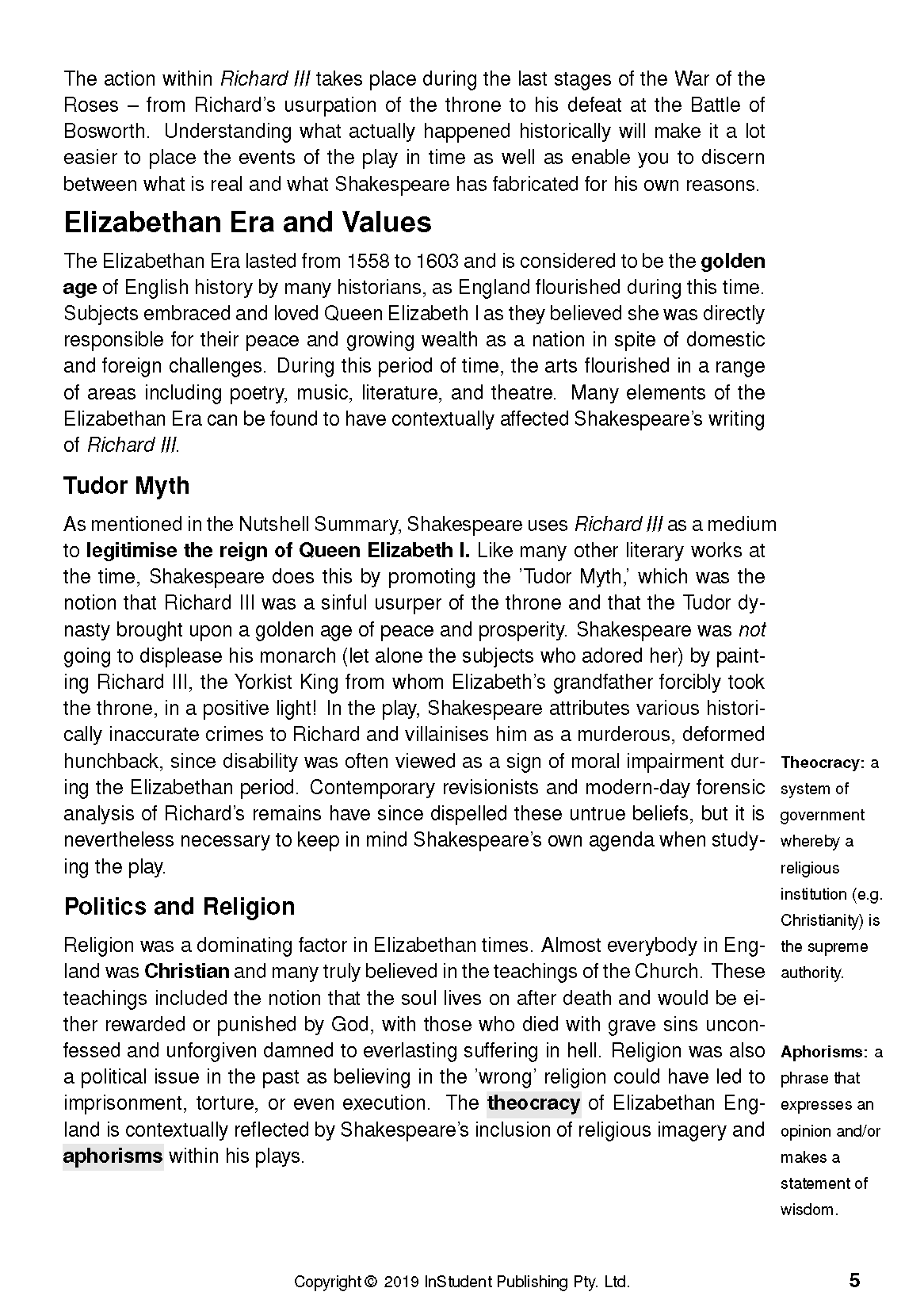 Text Guide page with black text on a white background discussing Elizabethan Era, Tudor Myth, and Politics and Religion.