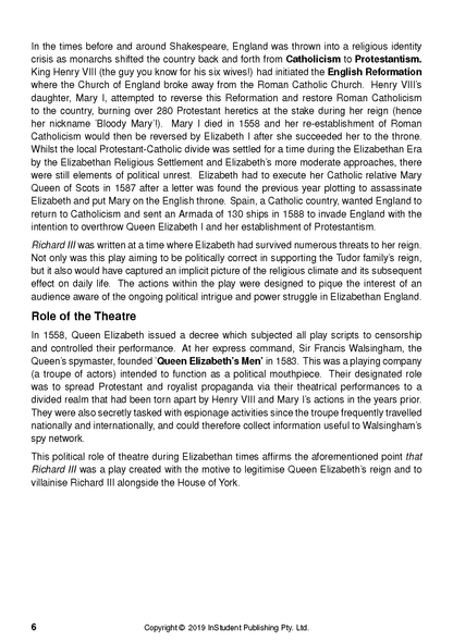 Text guide page displaying black text on white, outlining historical context for Richard III and the role of theatre.