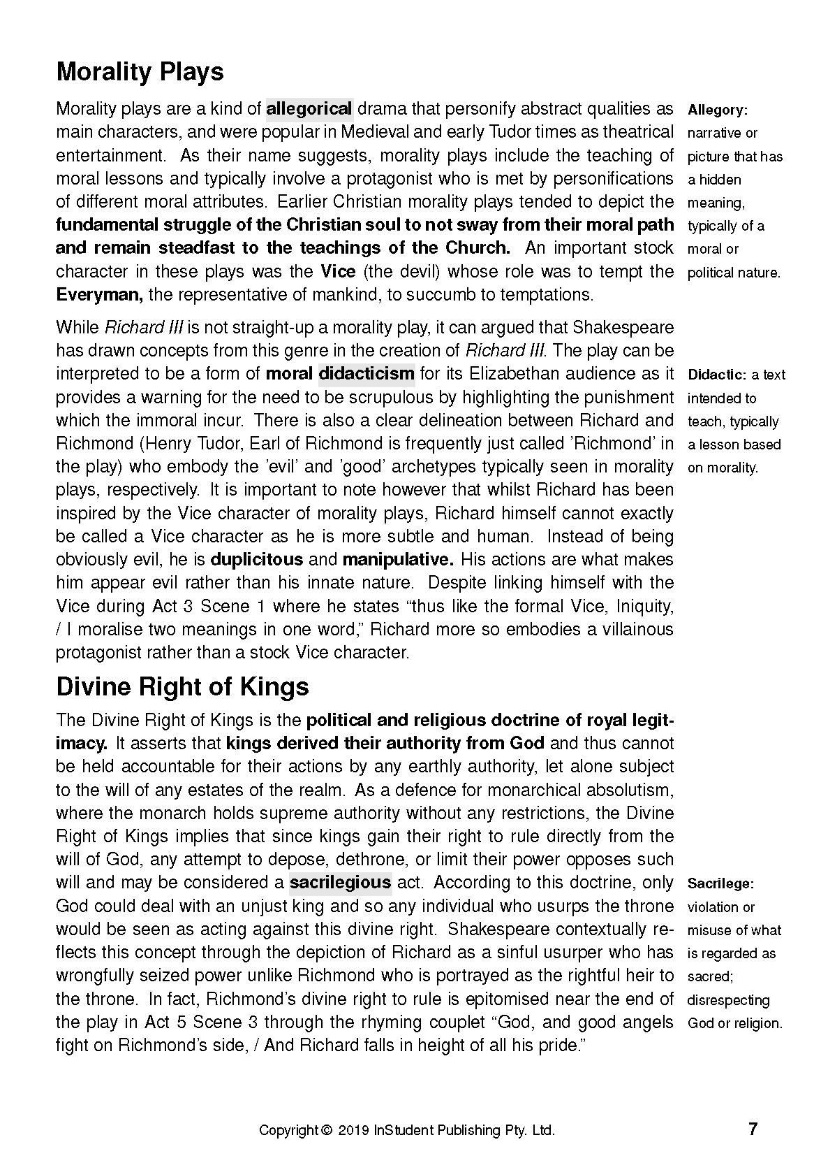 Page from a Text Guide by InStudent Publishing Pty. Ltd. with black text on a white background about Morality Plays and Divine Right of Kings.