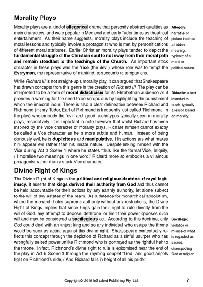 Page from a Text Guide by InStudent Publishing Pty. Ltd. with black text on a white background about Morality Plays and Divine Right of Kings.