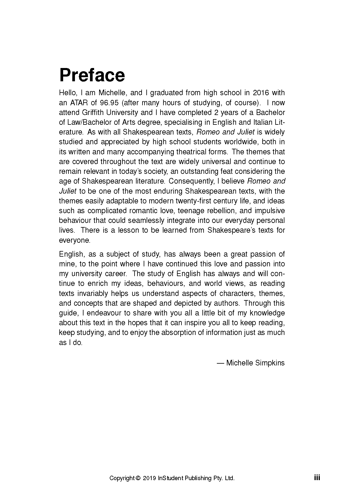 Text guide for Romeo and Juliet by William Shakespeare, displaying a preface page with black text on a white background and a signature.