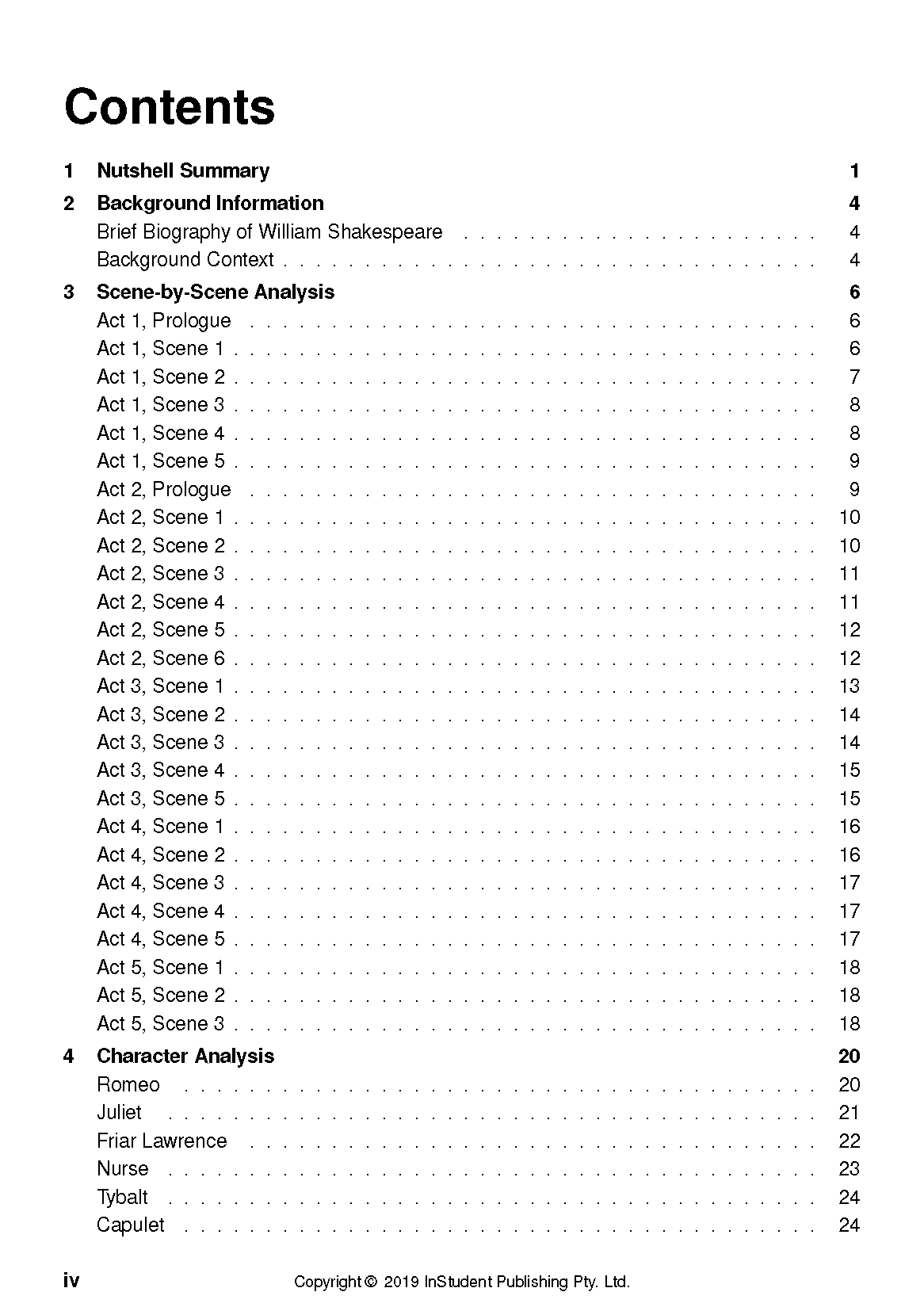 Text guide for Romeo and Juliet by InStudent Publishing Pty. Ltd., showing the complete table of contents.