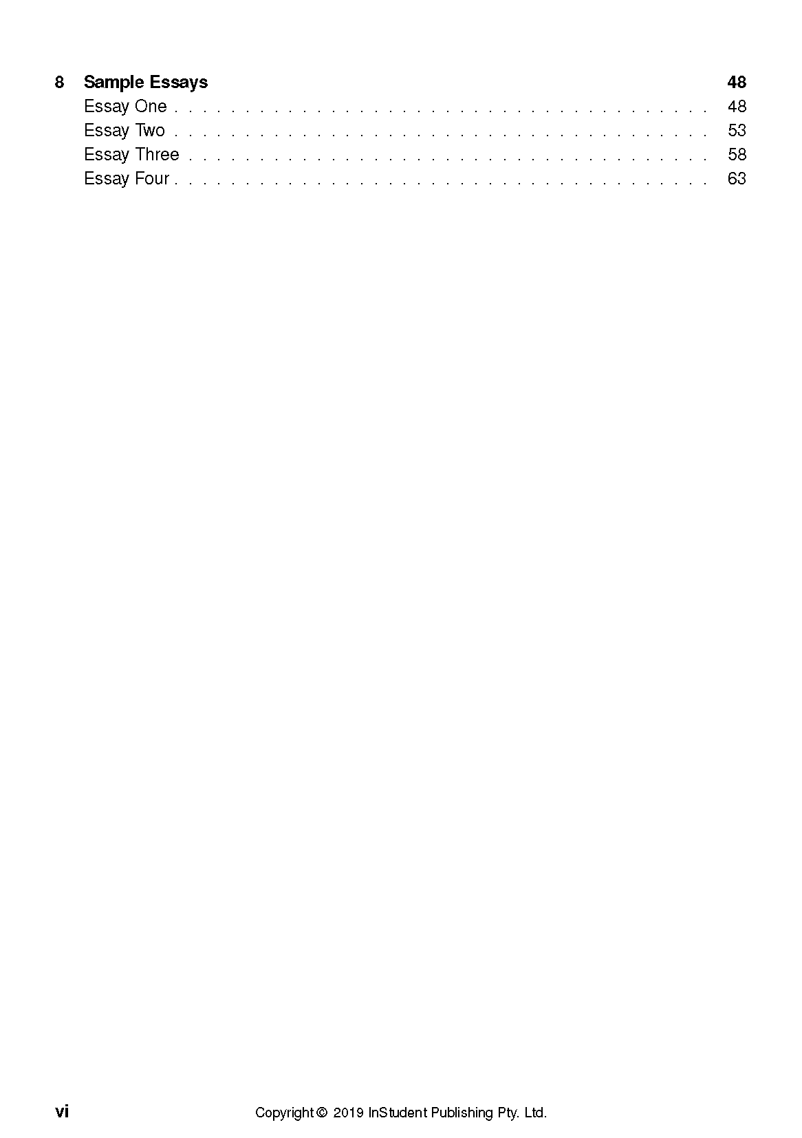 Text Guide page from InStudent Publishing Pty. Ltd. showing a table of contents for 'Sample Essays' with page numbers and 'vi' footer.