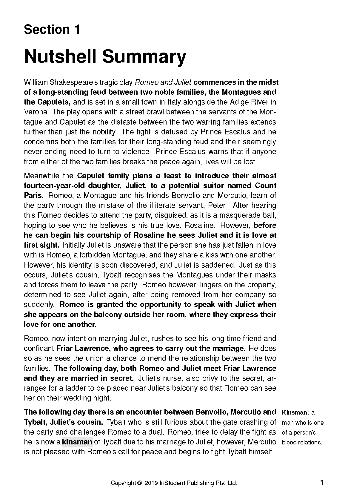 Text Guide page with black text on a white background, showing "Section 1" and "Nutshell Summary" headings and a "Kinsman" definition.