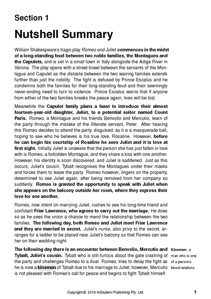 Text Guide page with black text on a white background, showing "Section 1" and "Nutshell Summary" headings and a "Kinsman" definition.