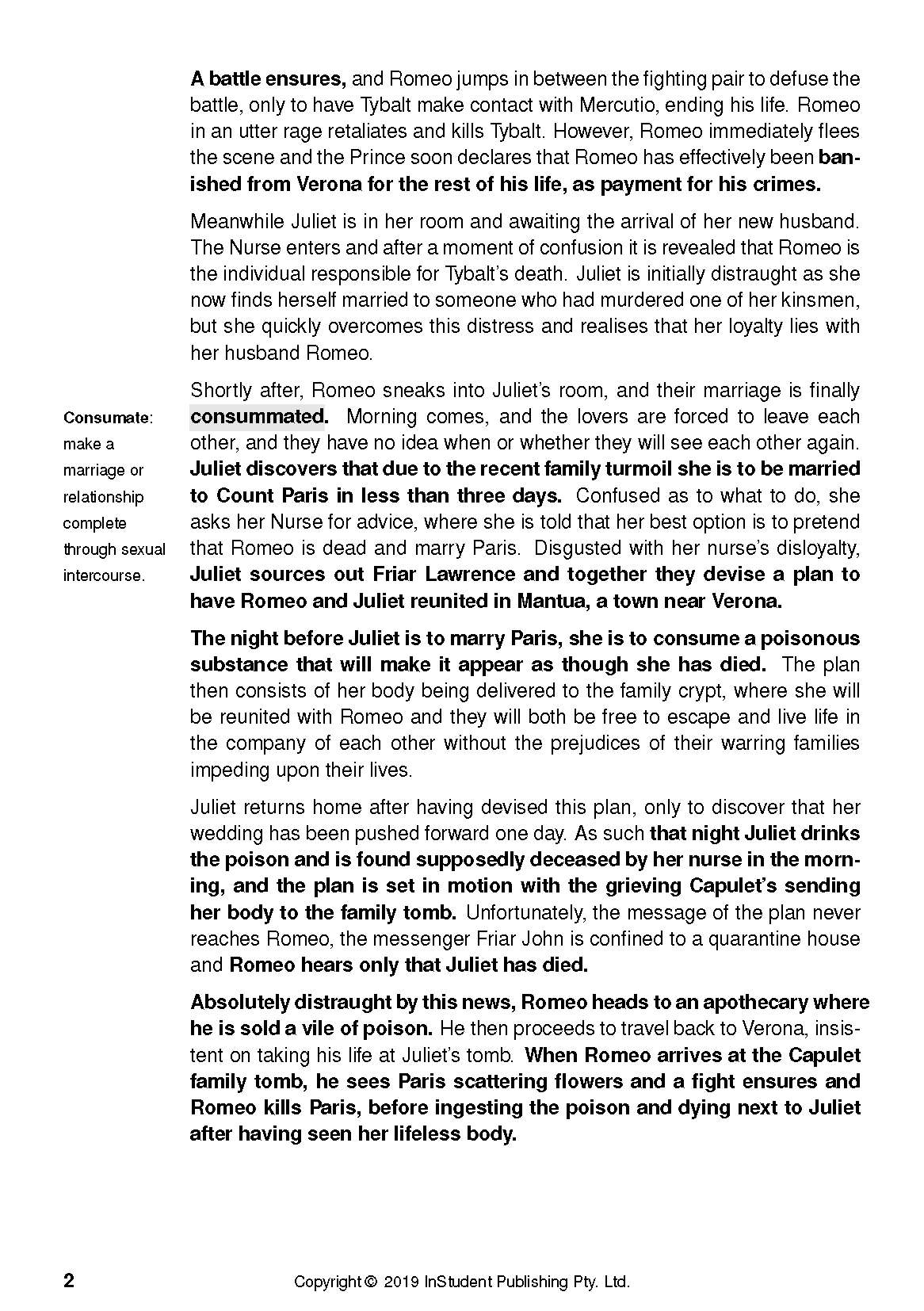 White text guide page with black text summarizing the plot of Romeo and Juliet by William Shakespeare.