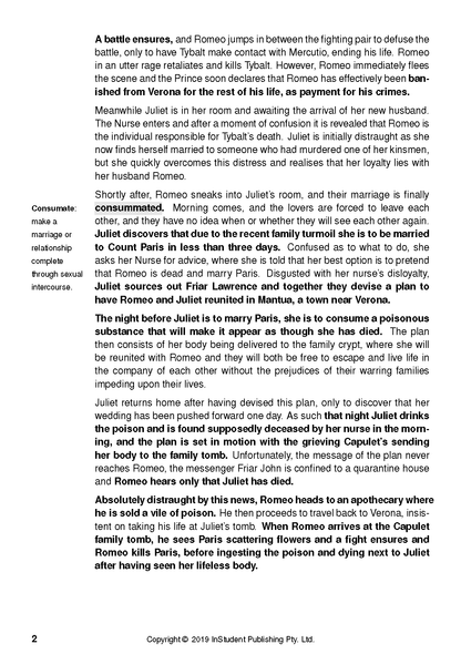White text guide page with black text summarizing the plot of Romeo and Juliet by William Shakespeare.