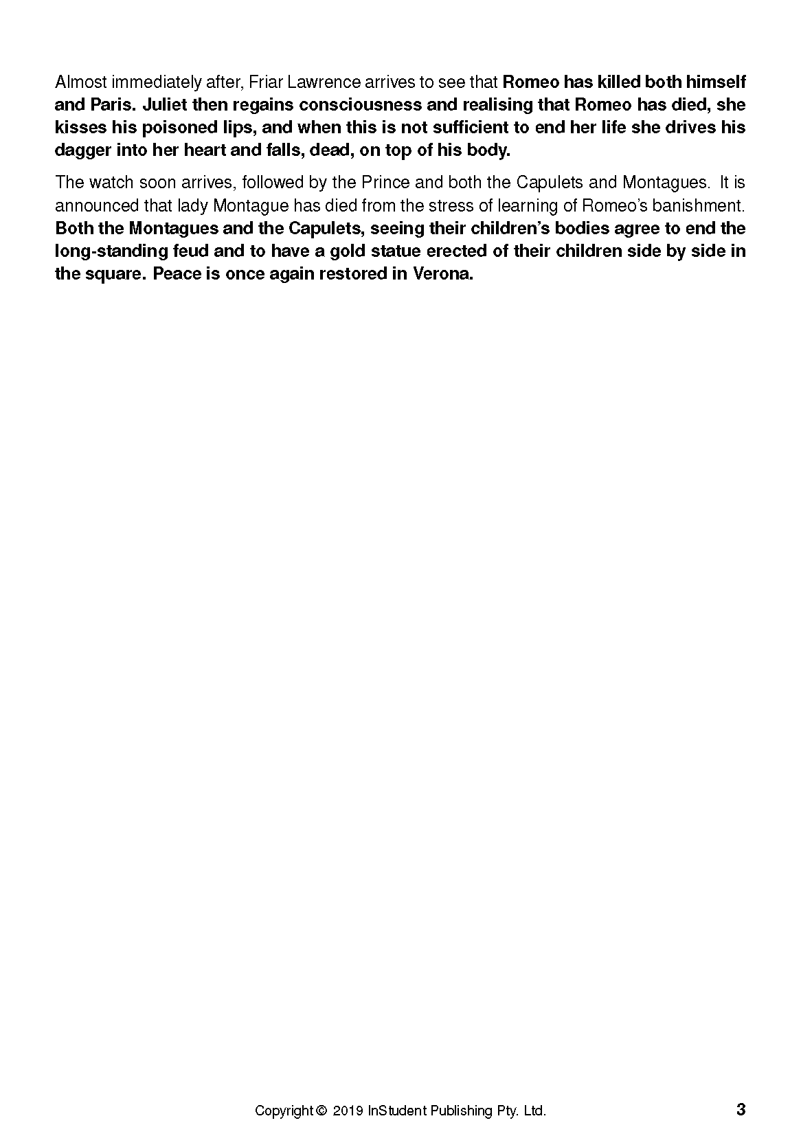 Text guide for Romeo and Juliet by William Shakespeare, displaying a summary of the play's ending, copyright, and page 3.