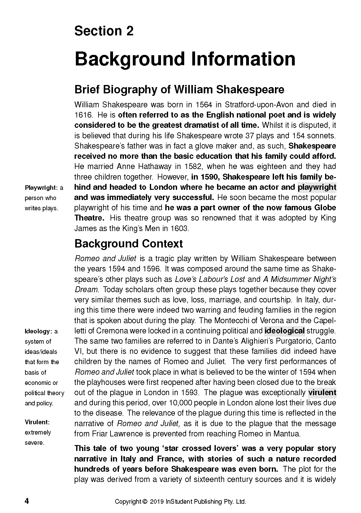 Text guide page, black text on white, by InStudent Publishing Pty. Ltd., outlining biography and context for Romeo and Juliet.