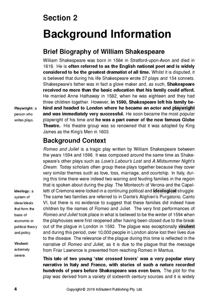Text guide page, black text on white, by InStudent Publishing Pty. Ltd., outlining biography and context for Romeo and Juliet.