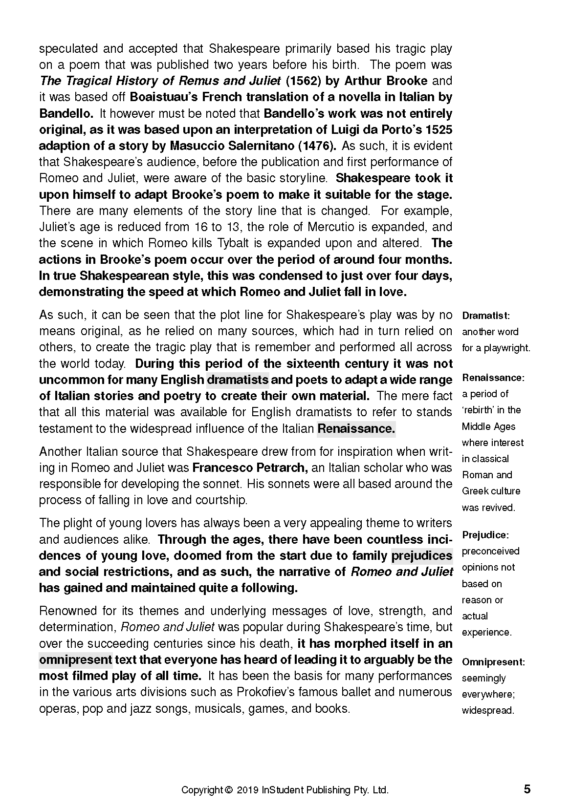 A page from a Text Guide by William Shakespeare, featuring literary analysis and a sidebar with definitions.