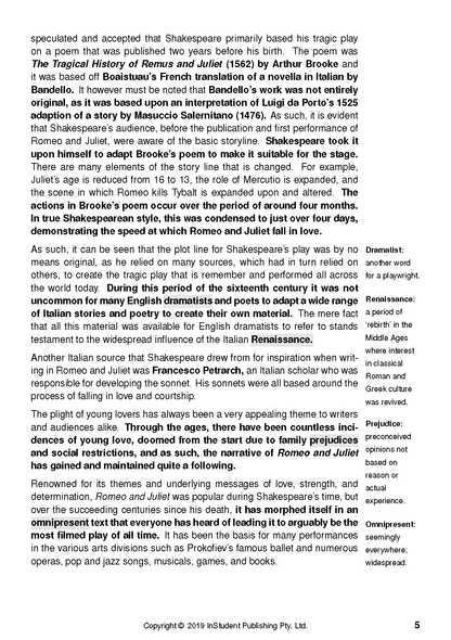 A page from a Text Guide by William Shakespeare, featuring literary analysis and a sidebar with definitions.