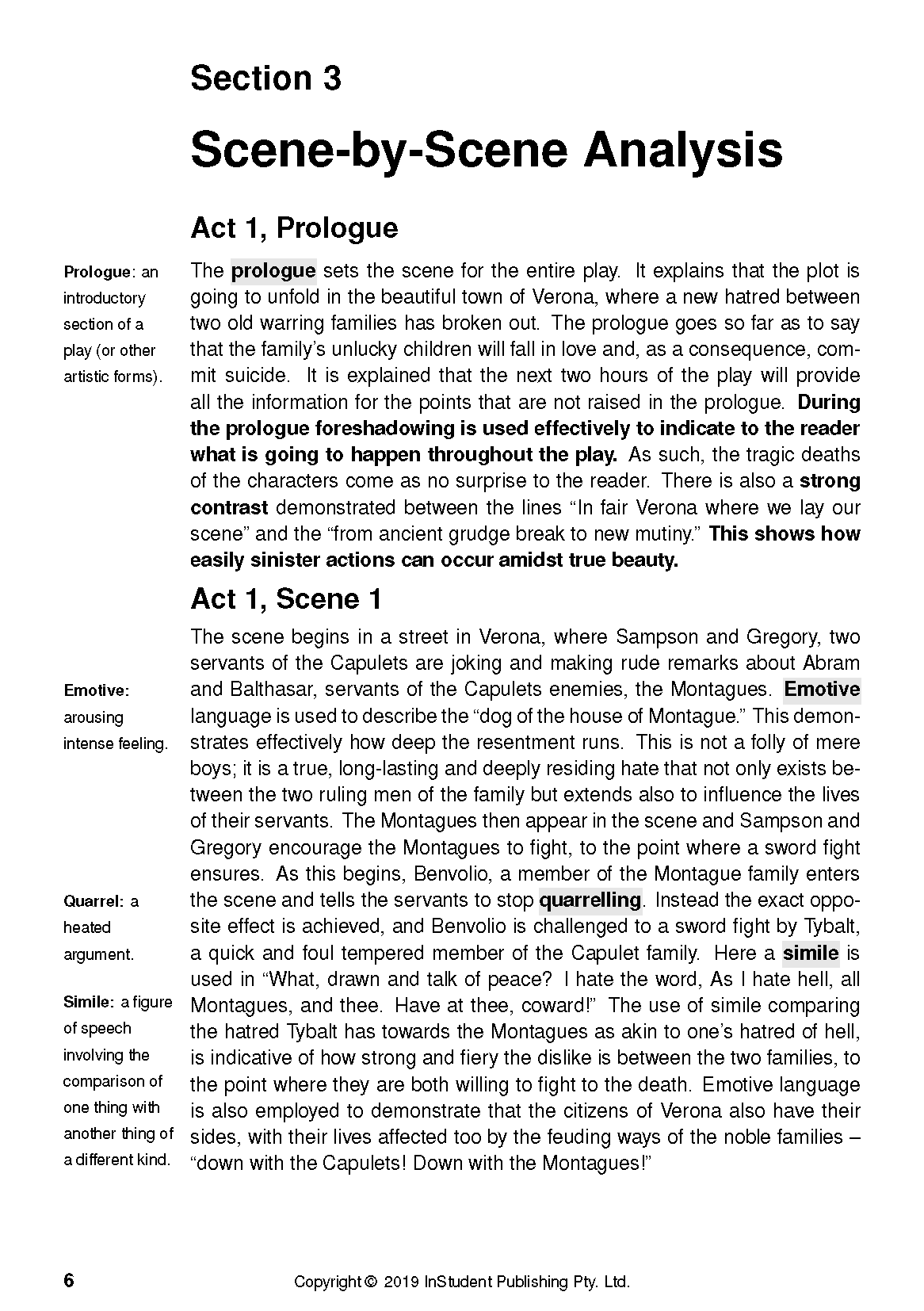 Text guide for Romeo and Juliet from InStudent Publishing Pty. Ltd. showing a page of scene analysis.