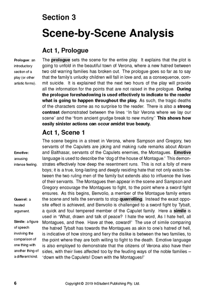Text guide for Romeo and Juliet from InStudent Publishing Pty. Ltd. showing a page of scene analysis.