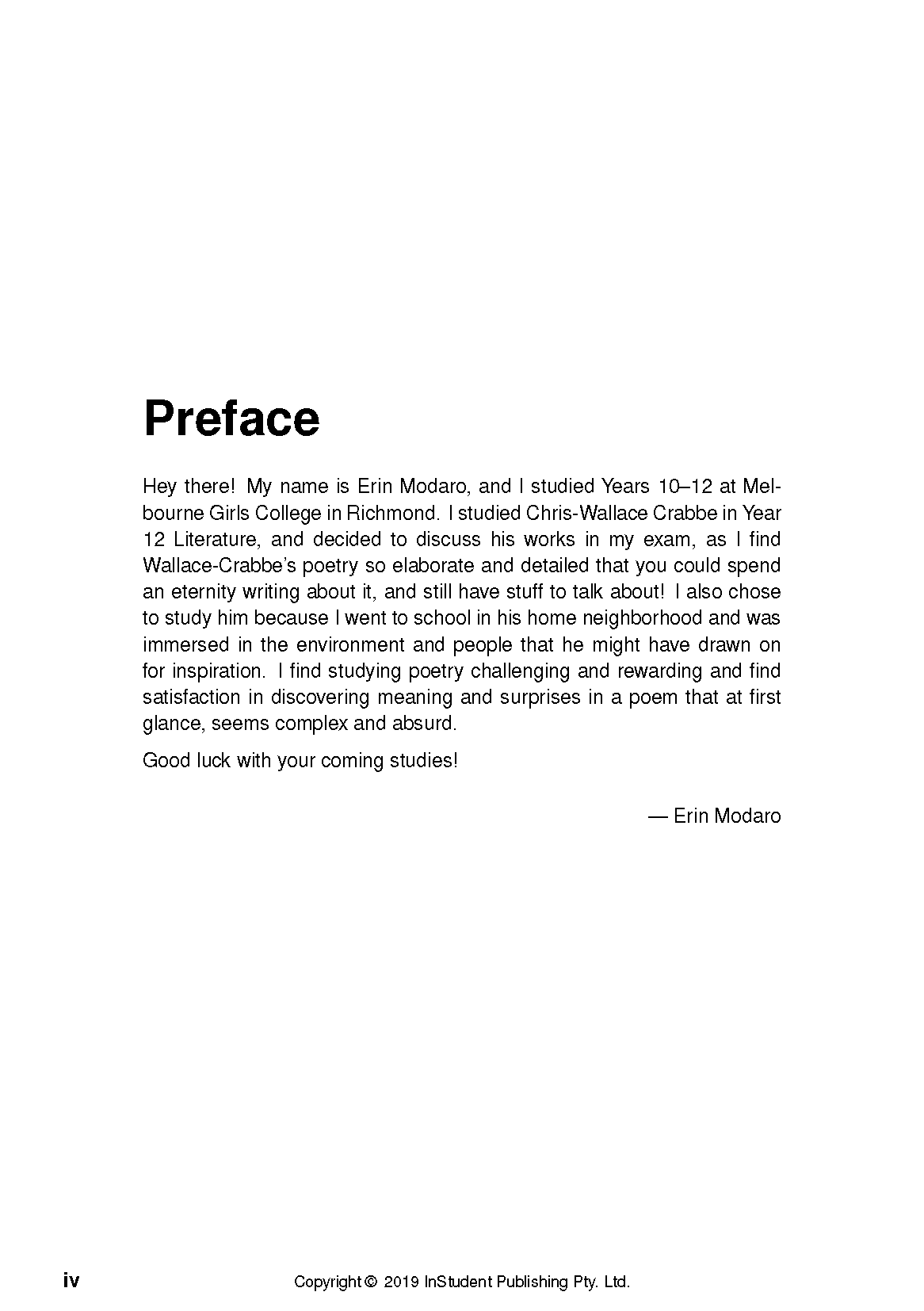 Printed Text Guide page by Chris Wallace-Crabbe, displaying the "Preface" with introductory text, Erin Modaro's signature, and copyright details.
